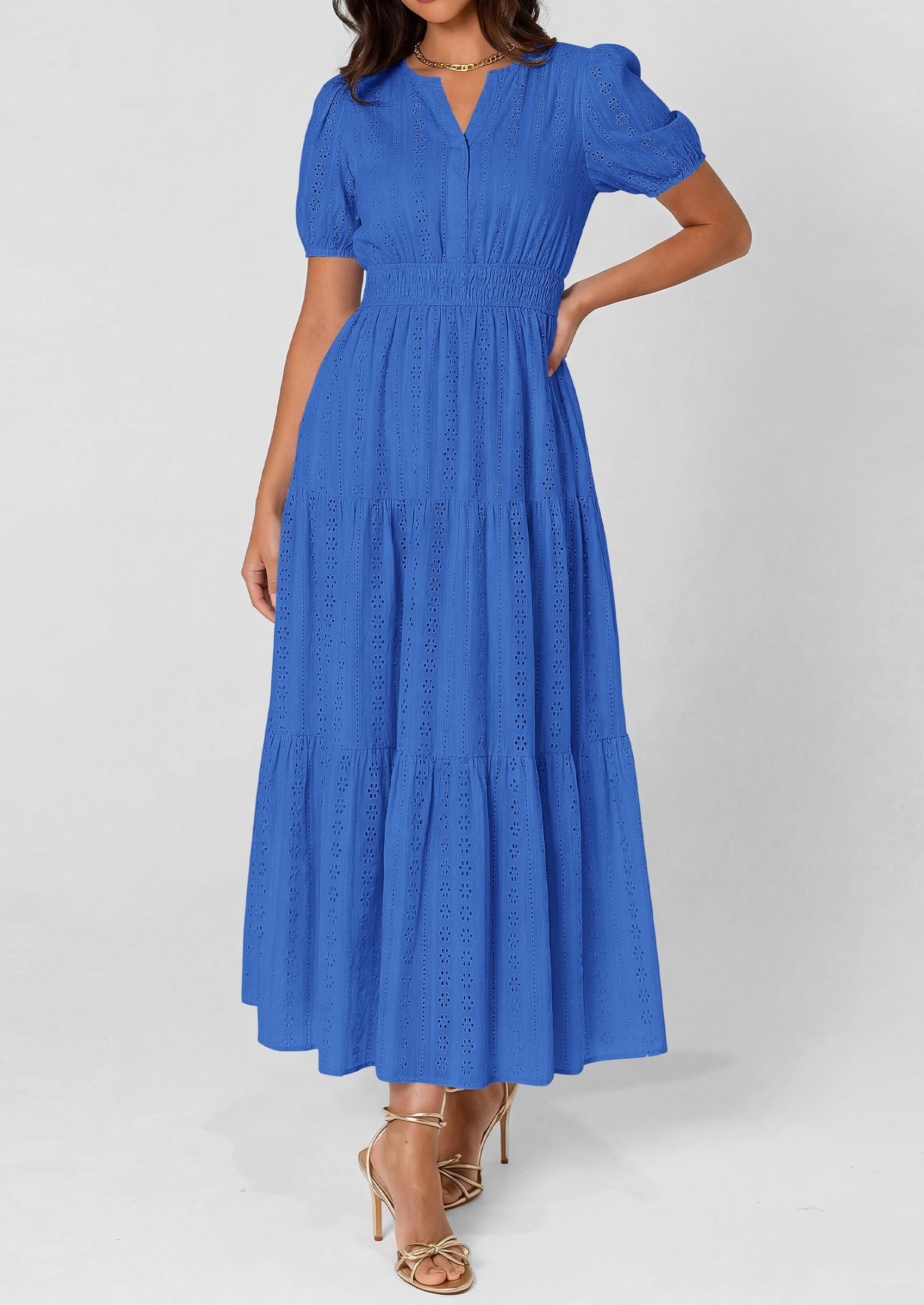 PRETTYGARDEN Womens Summer Maxi Dresses Casual Puff Sleeve V Neck Smocked Flowy Eyelet Cotton Dress Spring Sundress PRETTYGARDEN