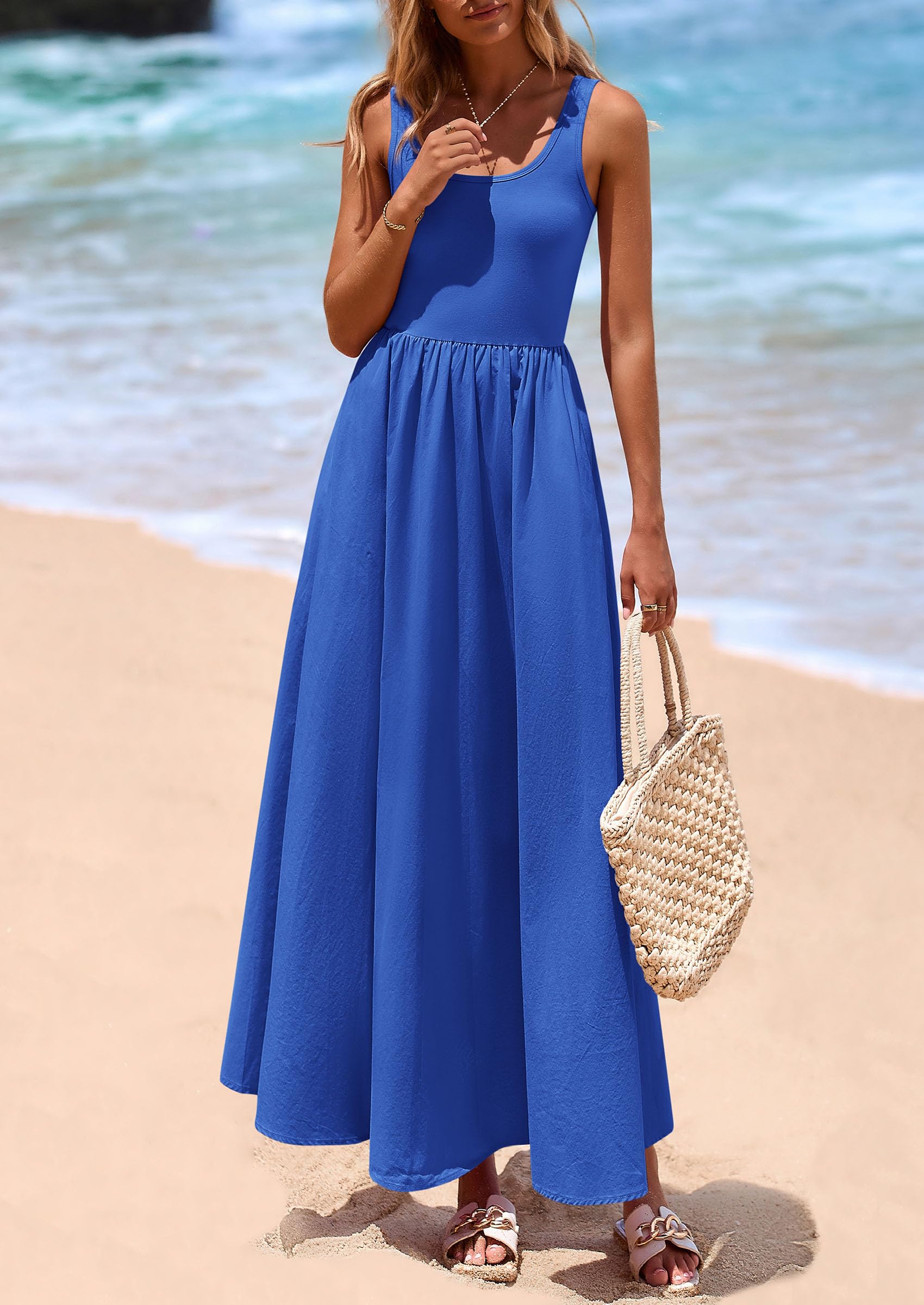 PRETTYGARDEN Womens Summer Casual Scoop Neck Sleeveless Long Dresses Tank Top Patchwork Aline Swing Maxi Dress with Pockets