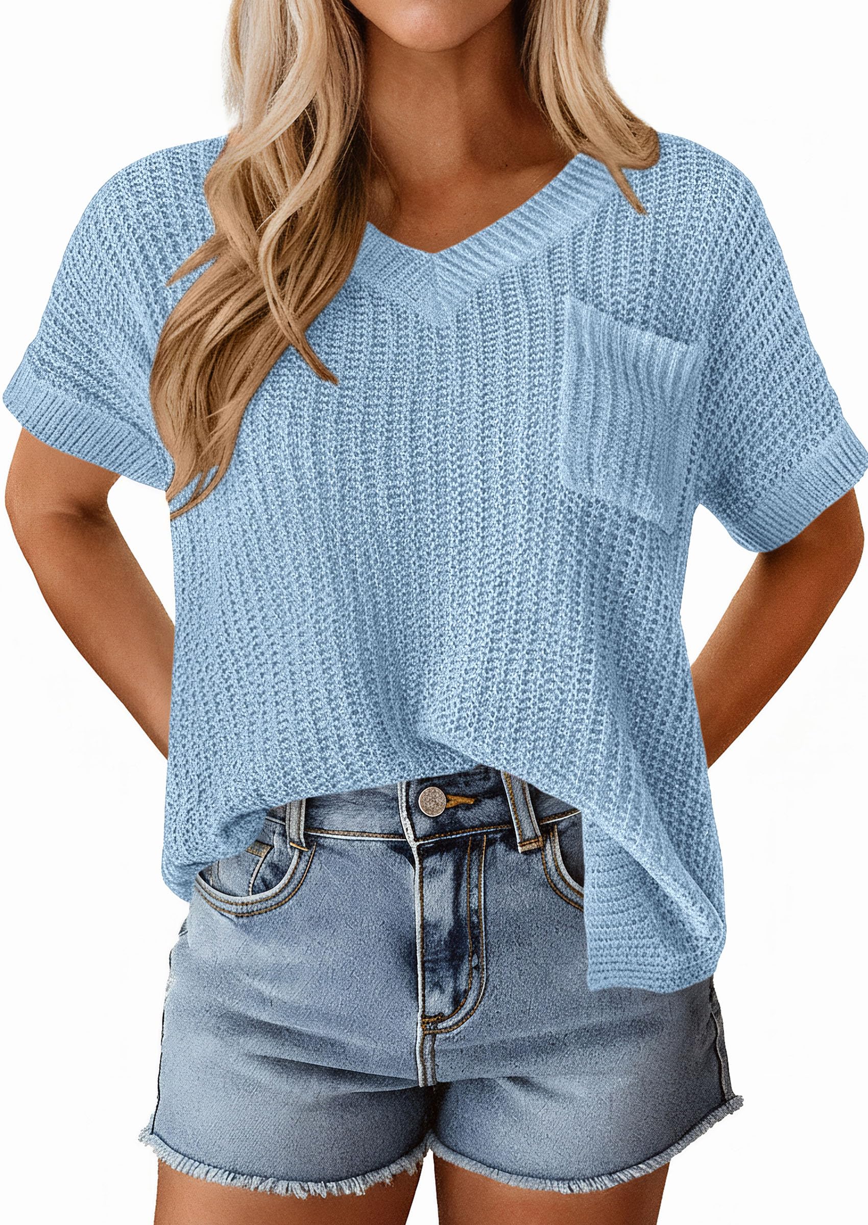 PRETTYGARDEN Women's Spring Short Sleeve Sweaters Lightweight V Neck Casual Going Out Summer T PRETTYGARDEN