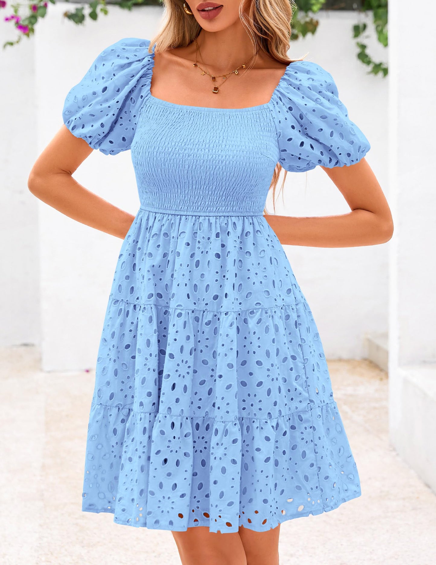 Womens Summer Puff Sleeve Mini Dress Off Shoulder Eyelet Smocked A Line Casual Babydoll Short Dresses