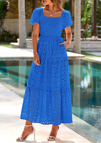 PRETTYGARDEN Dresses for Women Eyelet Square Neck Puff Sleeve Smocked Wedding Guest Maxi Dress with Pockets