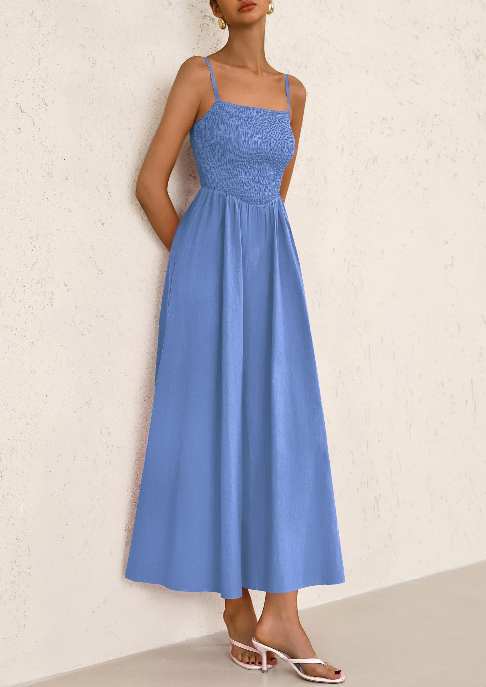 PRETTYGARDEN Women's Smocked Maxi Dresses Beach Sundress Casual Spaghetti Strap Swing A Line Long Flowy Dress