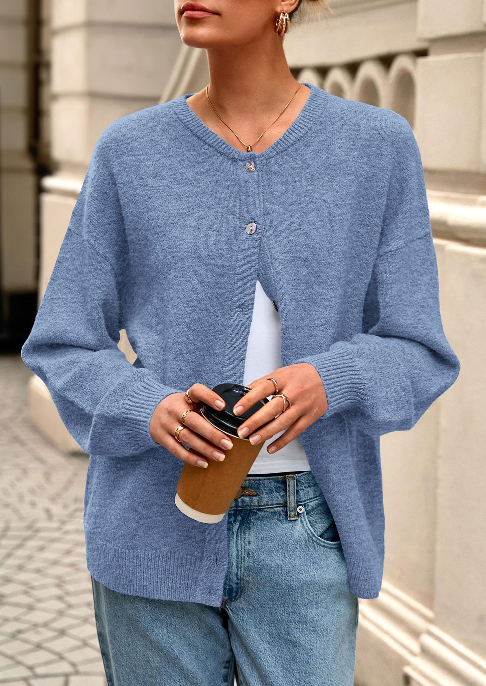 PRETTYGARDEN Fall Long Sleeve Cardigans for Women Trendy Open Front Winter Button Down Crewneck Soft Knit Sweater Jacket