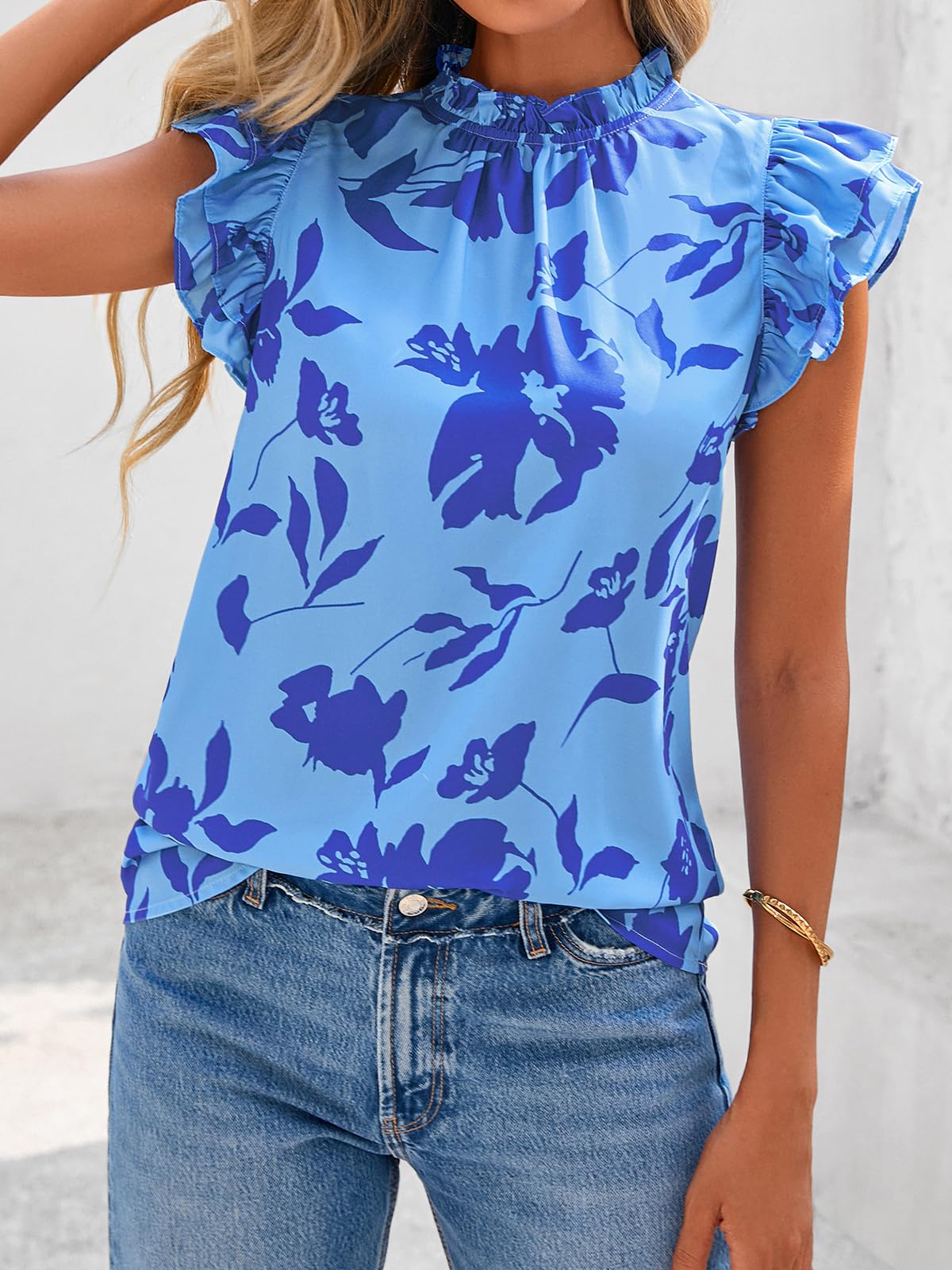 PRETTYGARDEN Women's Ruffle Short Sleeve Summer Tops Trendy Floral Trim Neck Casual Dressy Chiffon Boho Blouses Shirts PRETTYGARDEN