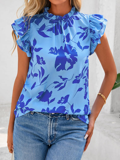 PRETTYGARDEN Women's Ruffle Short Sleeve Summer Tops Trendy Floral Trim Neck Casual Dressy Chiffon Boho Blouses Shirts PRETTYGARDEN