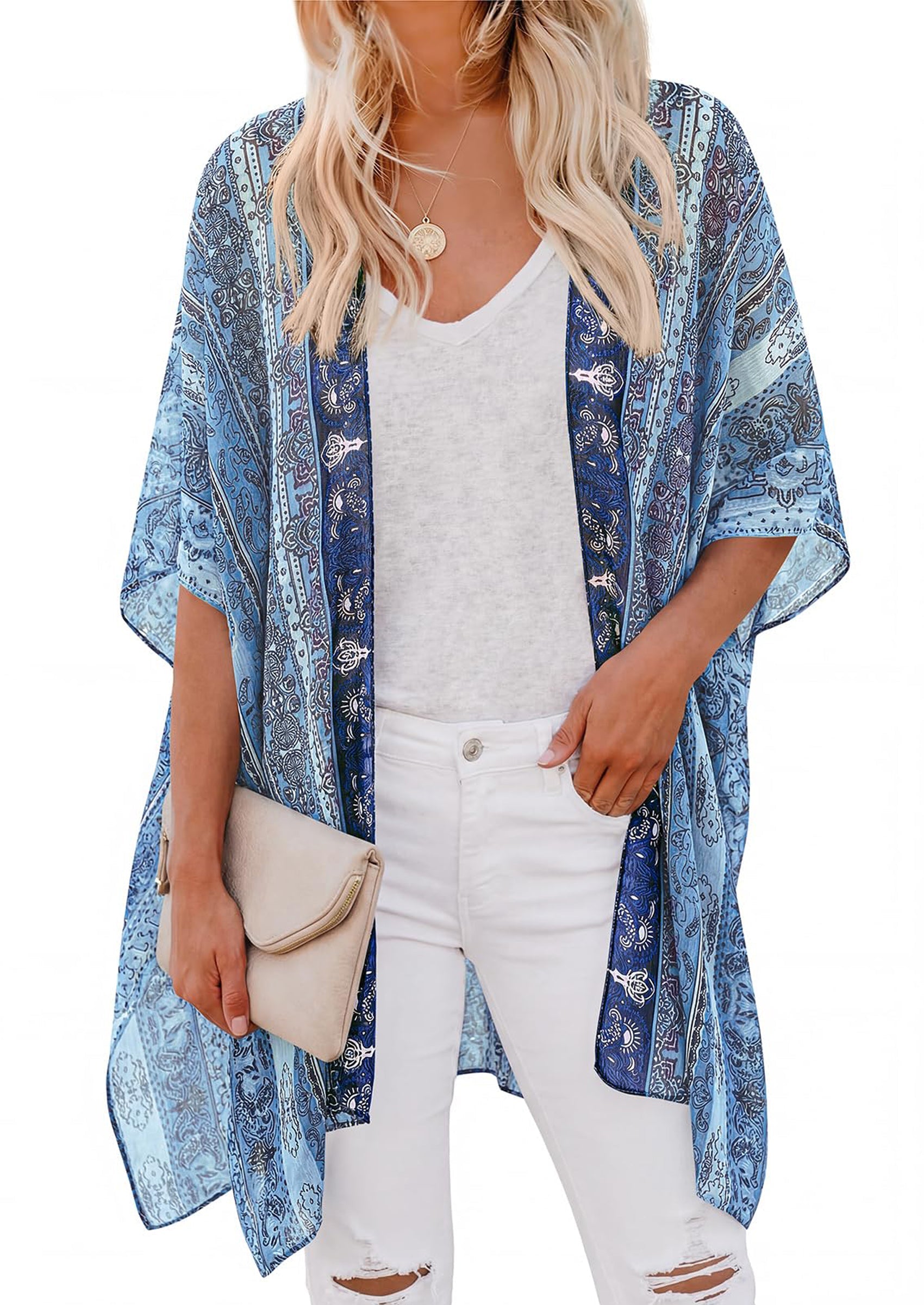 PRETTYGARDEN Summer Kimonos for Women Boho Floral Short Sleeve Kimono Cardigans Swimsuit Beach Cover Ups for Women Swimwear PRETTYGARDEN