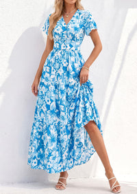 PRETTYGARDEN Women Summer Maxi Dresses Short Sleeve V Neck Button Floral Tiered Flowy Boho Sundress Beach Outfits
