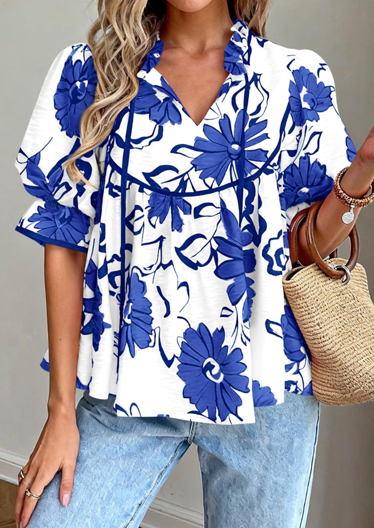 PRETTYGARDEN Womens Summer Tops Cute Puff Sleeve Ruffle V Neck Babydoll T-Shirts Boho Floral Spring Peplum Shirts PRETTYGARDEN