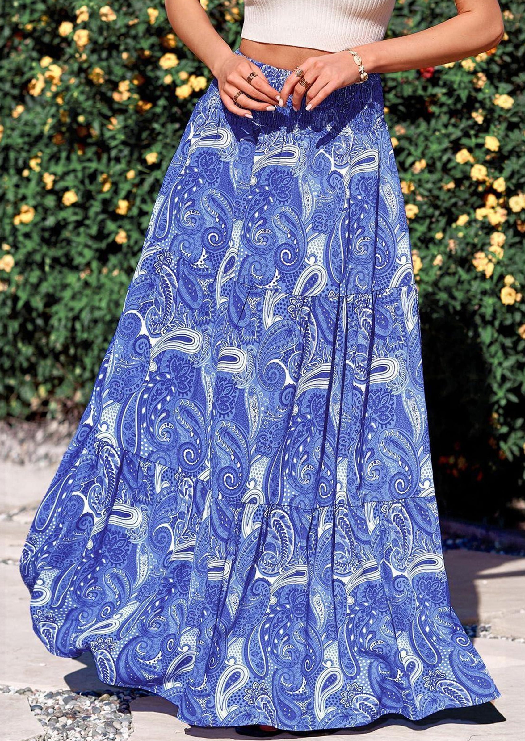 PRETTYGARDEN Floral Summer Boho Maxi Skirts for Women Smocked Elastic Waist Pleated Tiered Vacation Flowy Long Skirt PRETTYGARDEN