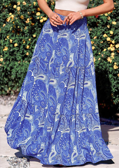 PRETTYGARDEN Floral Summer Boho Maxi Skirts for Women Smocked Elastic Waist Pleated Tiered Vacation Flowy Long Skirt PRETTYGARDEN