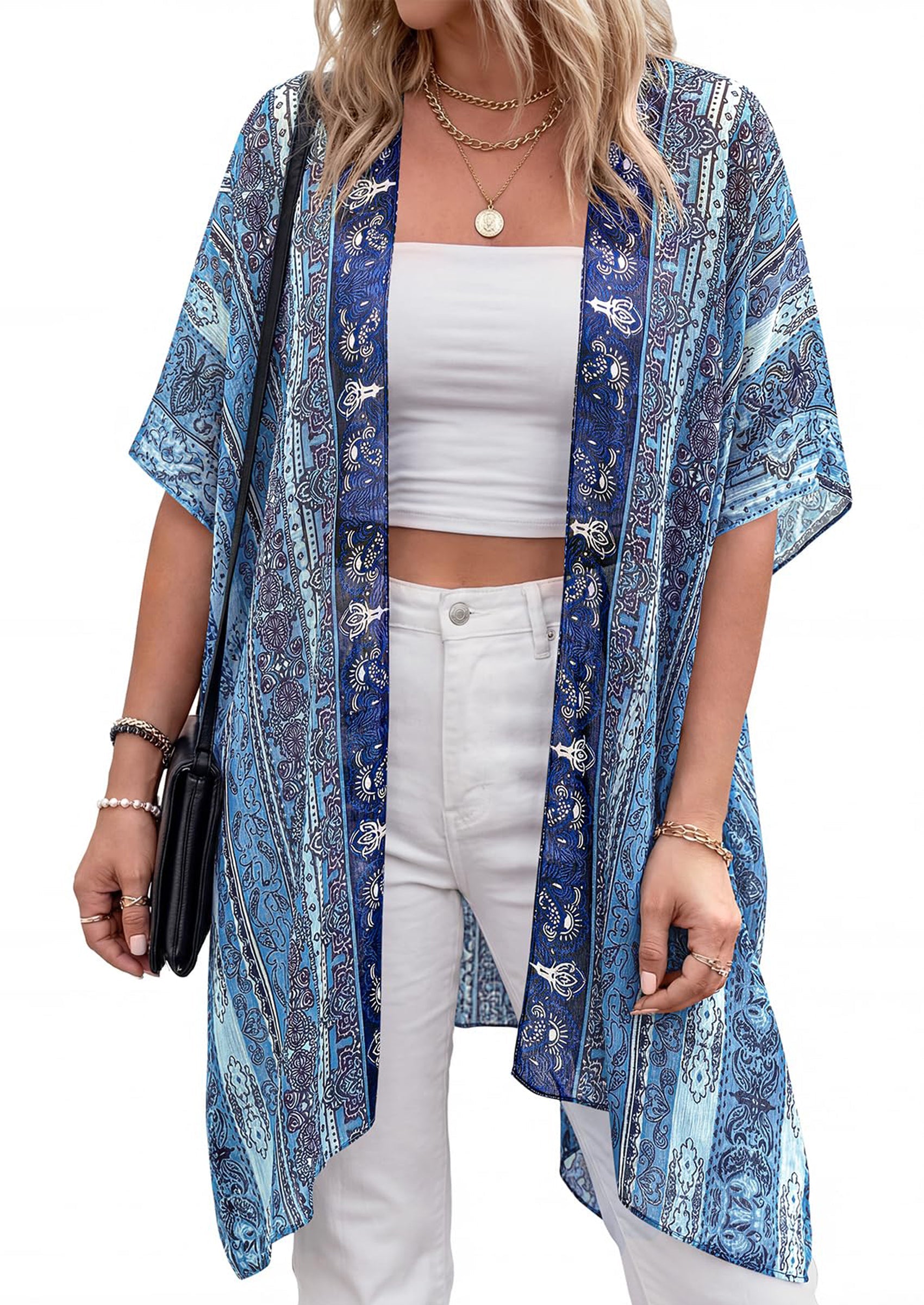 PRETTYGARDEN Summer Kimonos for Women Boho Floral Short Sleeve Kimono Cardigans Swimsuit Beach Cover Ups for Women Swimwear PRETTYGARDEN