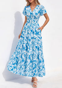 PRETTYGARDEN Women Summer Maxi Dresses Short Sleeve V Neck Button Floral Tiered Flowy Boho Sundress Beach Outfits