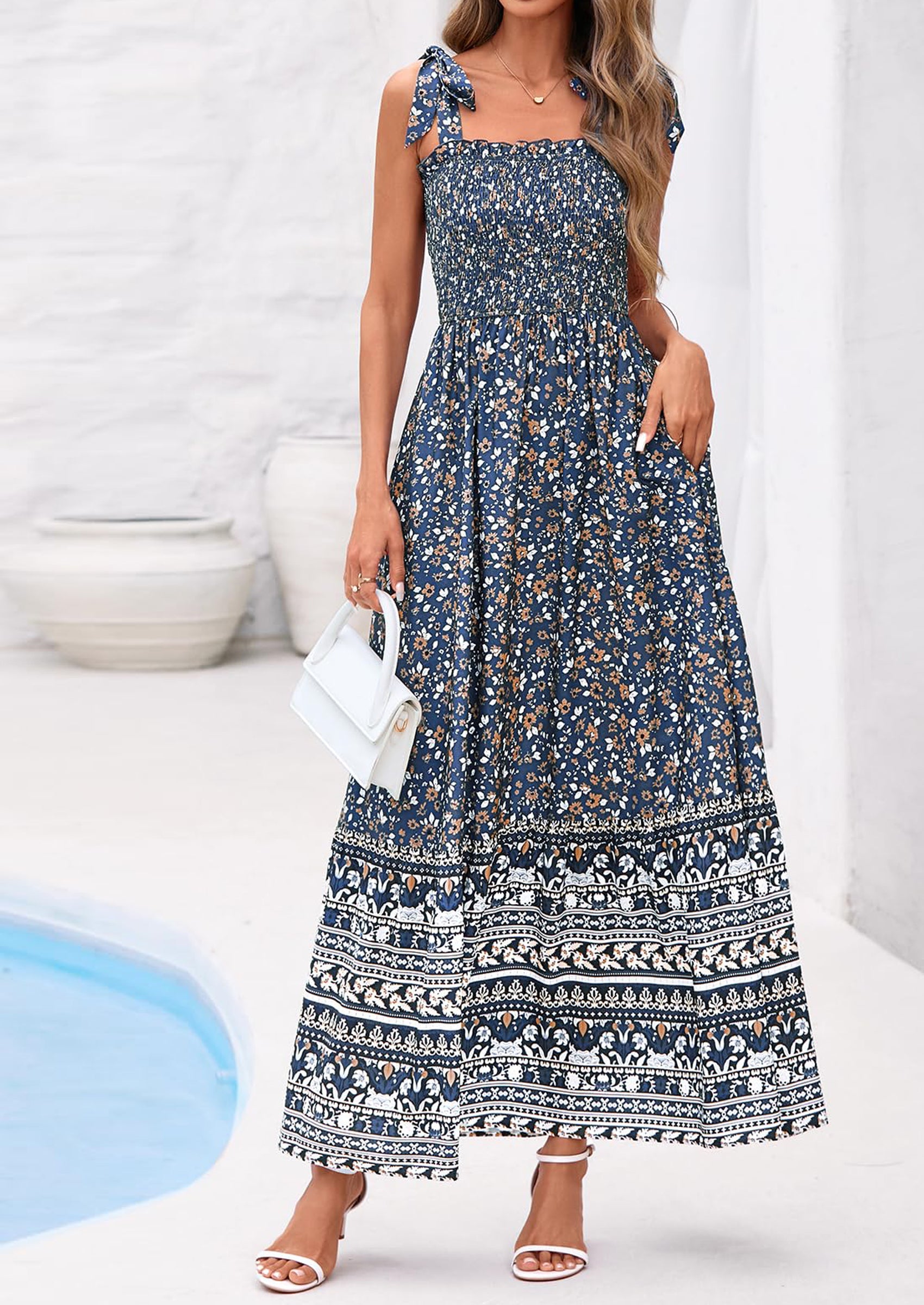 PRETTYGARDEN Women's Summer Maxi Dress Tie Straps Floral Beach Vacation Long Dresses Smocked Boho Sundress with Pockets PRETTYGARDEN