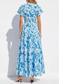 PRETTYGARDEN Women Summer Maxi Dresses Short Sleeve V Neck Button Floral Tiered Flowy Boho Sundress Beach Outfits