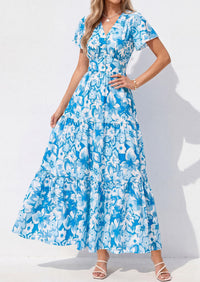 PRETTYGARDEN Women Summer Maxi Dresses Short Sleeve V Neck Button Floral Tiered Flowy Boho Sundress Beach Outfits