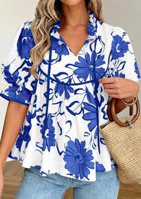 PRETTYGARDEN Womens Summer Tops Cute Puff Sleeve Ruffle V Neck Babydoll T-Shirts Boho Floral Spring Peplum Shirts PRETTYGARDEN