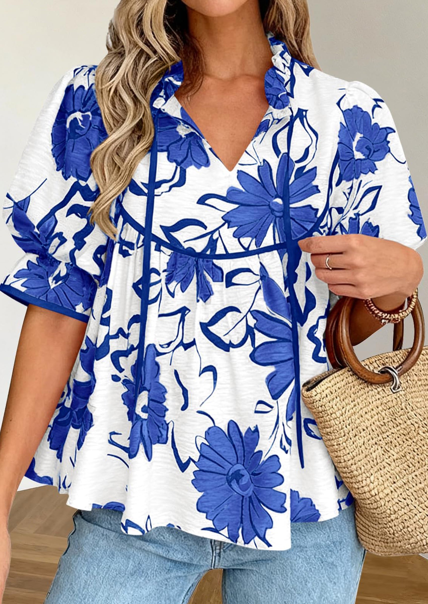 PRETTYGARDEN Womens Summer Tops Cute Puff Sleeve Ruffle V Neck Babydoll T-Shirts Boho Floral Spring Peplum Shirts PRETTYGARDEN