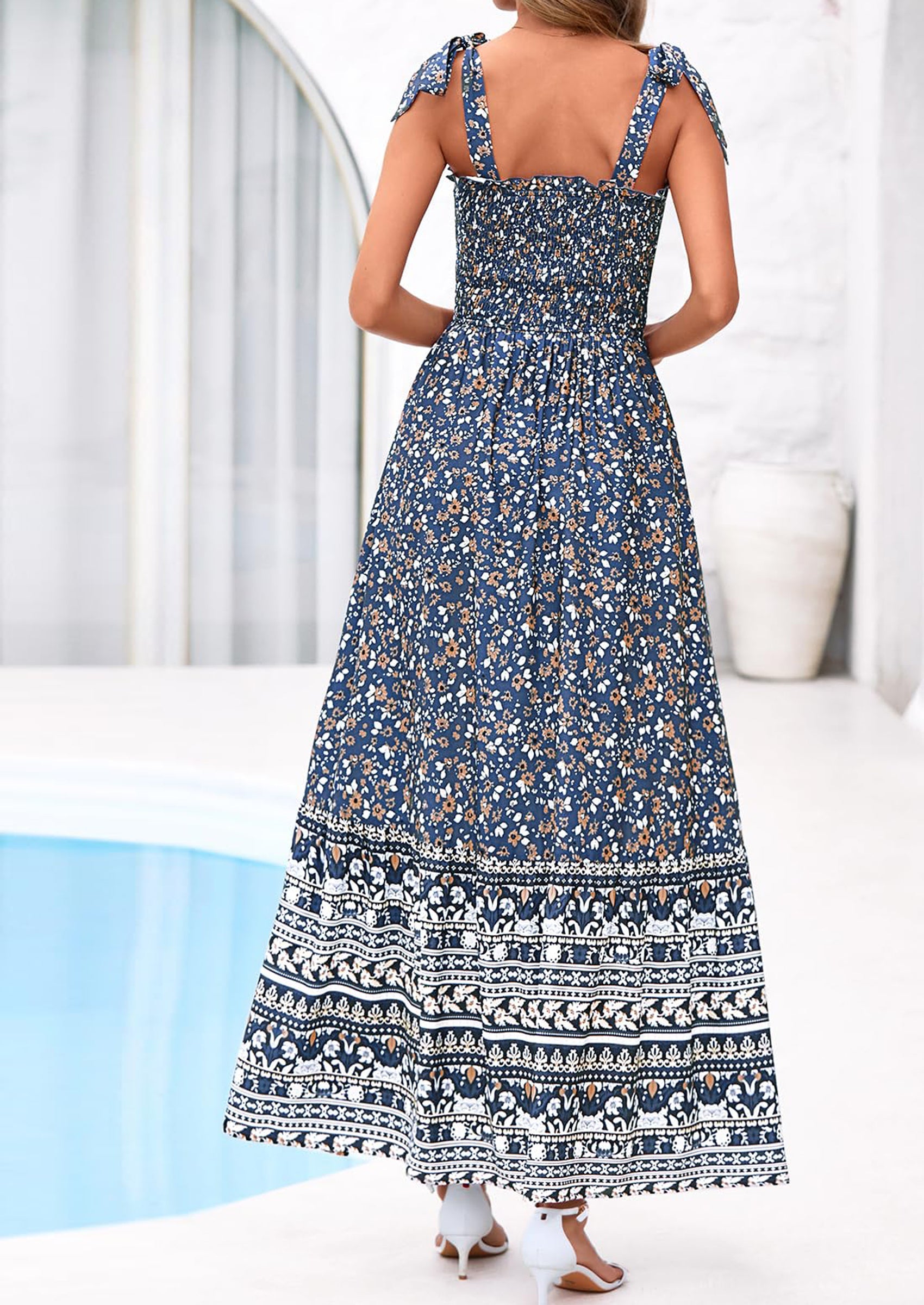 PRETTYGARDEN Women's Summer Maxi Dress Tie Straps Floral Beach Vacation Long Dresses Smocked Boho Sundress with Pockets PRETTYGARDEN