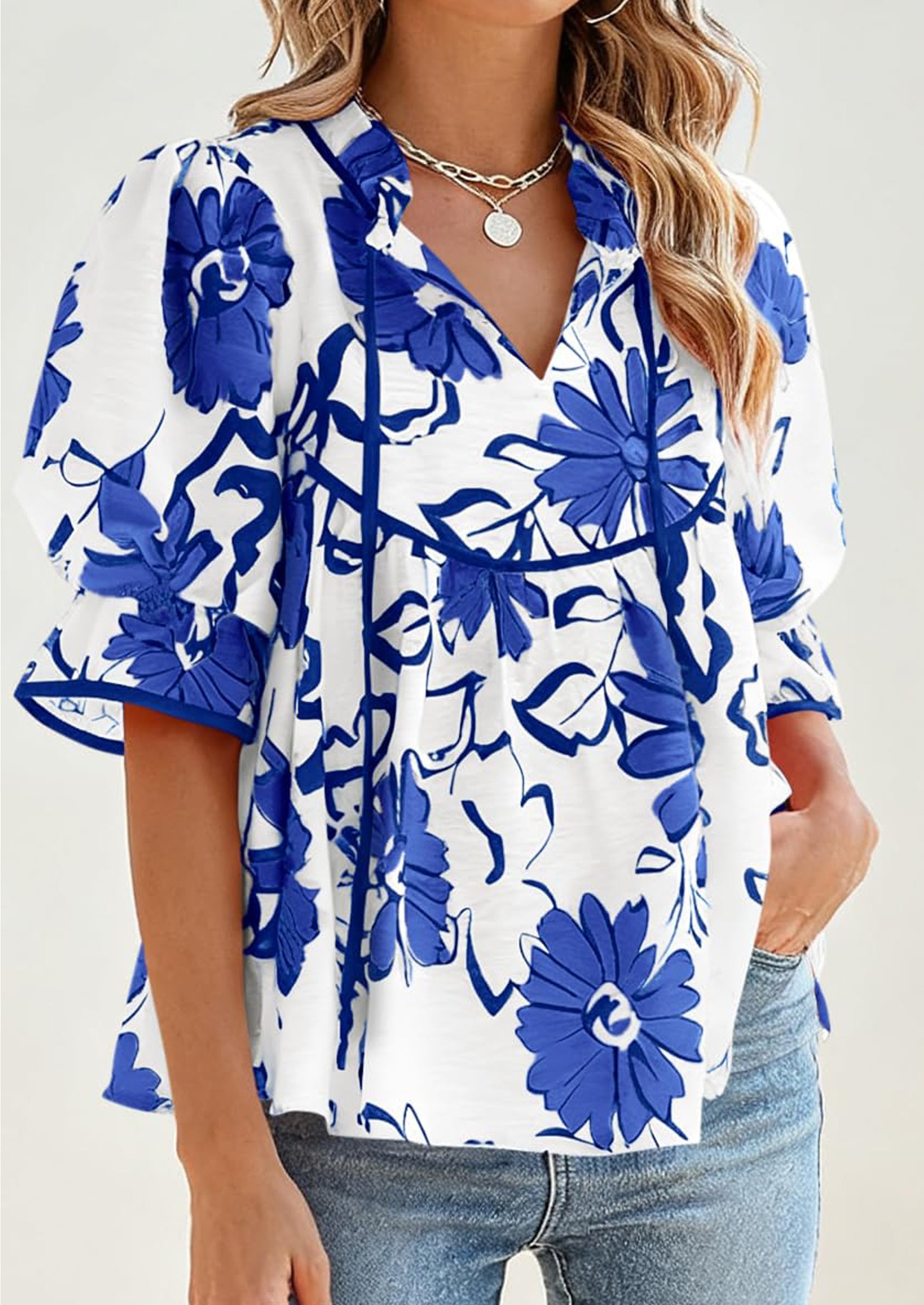 PRETTYGARDEN Womens Summer Tops Cute Puff Sleeve Ruffle V Neck Babydoll T-Shirts Boho Floral Spring Peplum Shirts PRETTYGARDEN