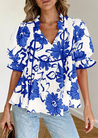 PRETTYGARDEN Womens Summer Tops Cute Puff Sleeve Ruffle V Neck Babydoll T-Shirts Boho Floral Spring Peplum Shirts PRETTYGARDEN