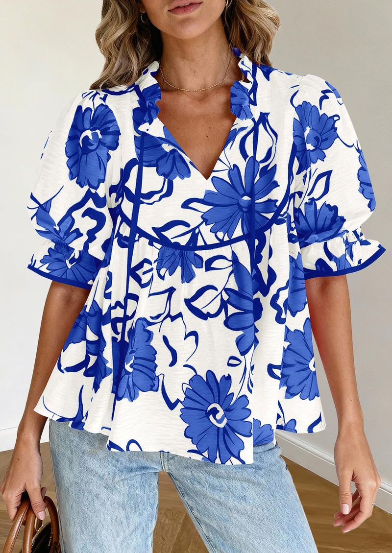 PRETTYGARDEN Womens Summer Tops Cute Puff Sleeve Ruffle V Neck Babydoll T-Shirts Boho Floral Spring Peplum Shirts PRETTYGARDEN