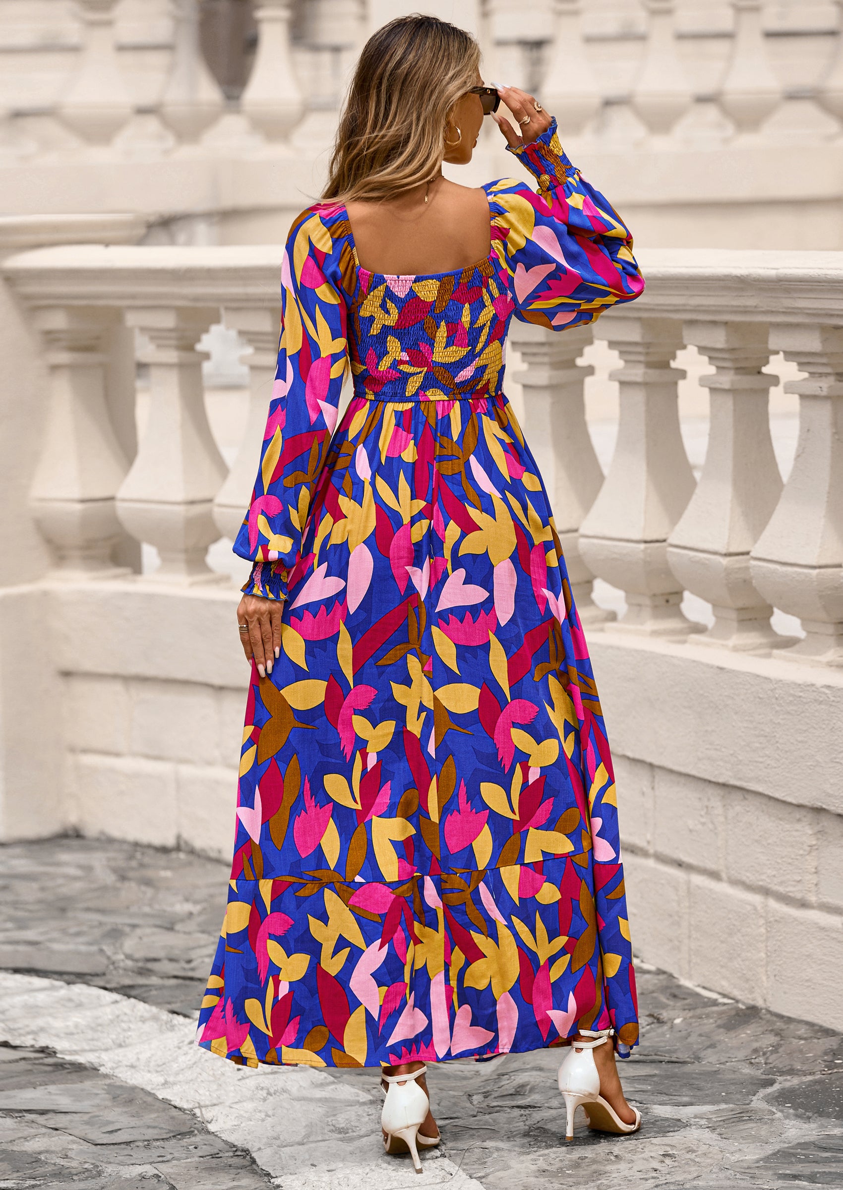 PRETTYGARDEN Women Floral Maxi Dresses Spring Long Sleeve Square Neck Boho A Line Wedding Guest Casual Flowy Long Dress