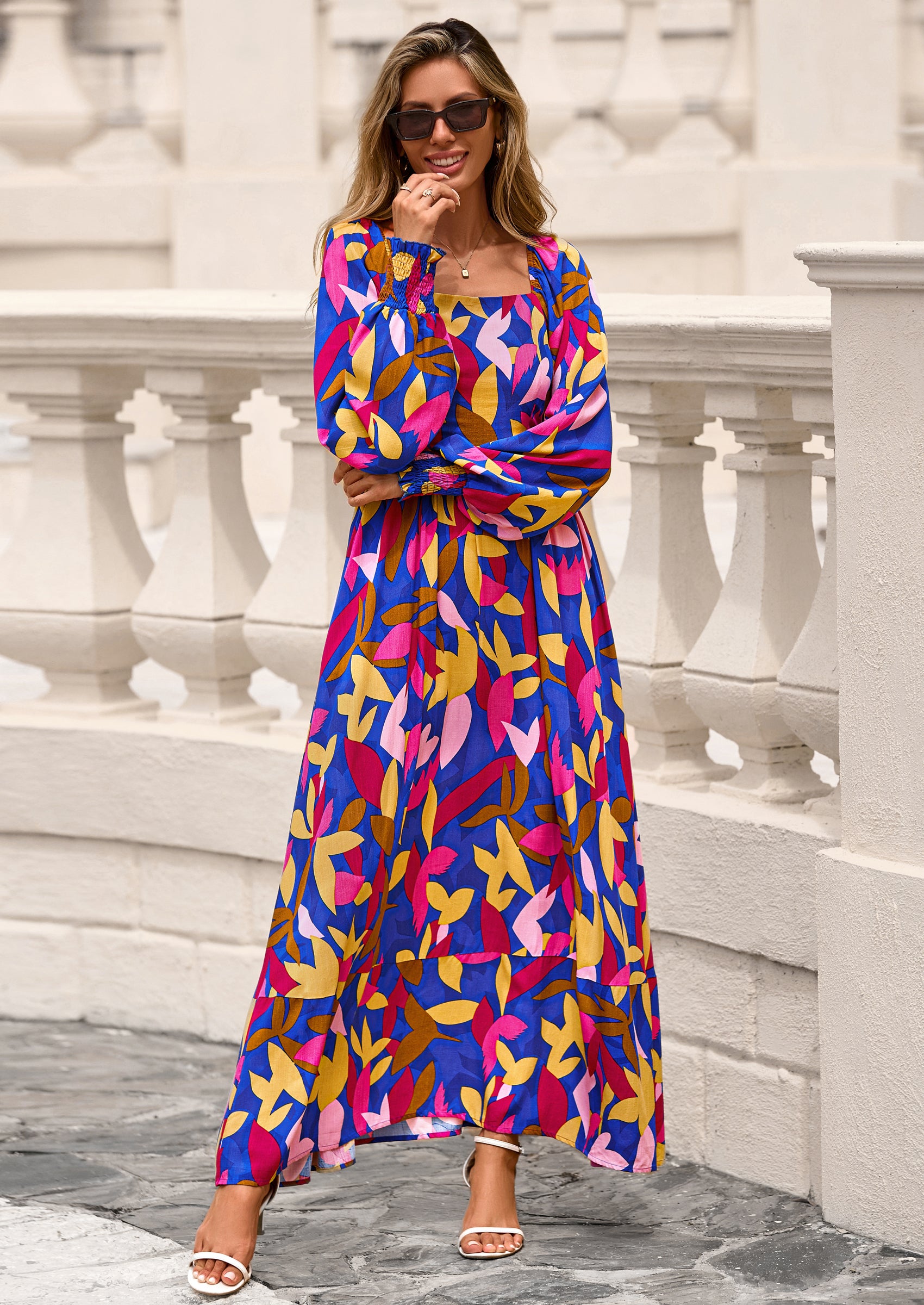 PRETTYGARDEN Women Floral Maxi Dresses Spring Long Sleeve Square Neck Boho A Line Wedding Guest Casual Flowy Long Dress