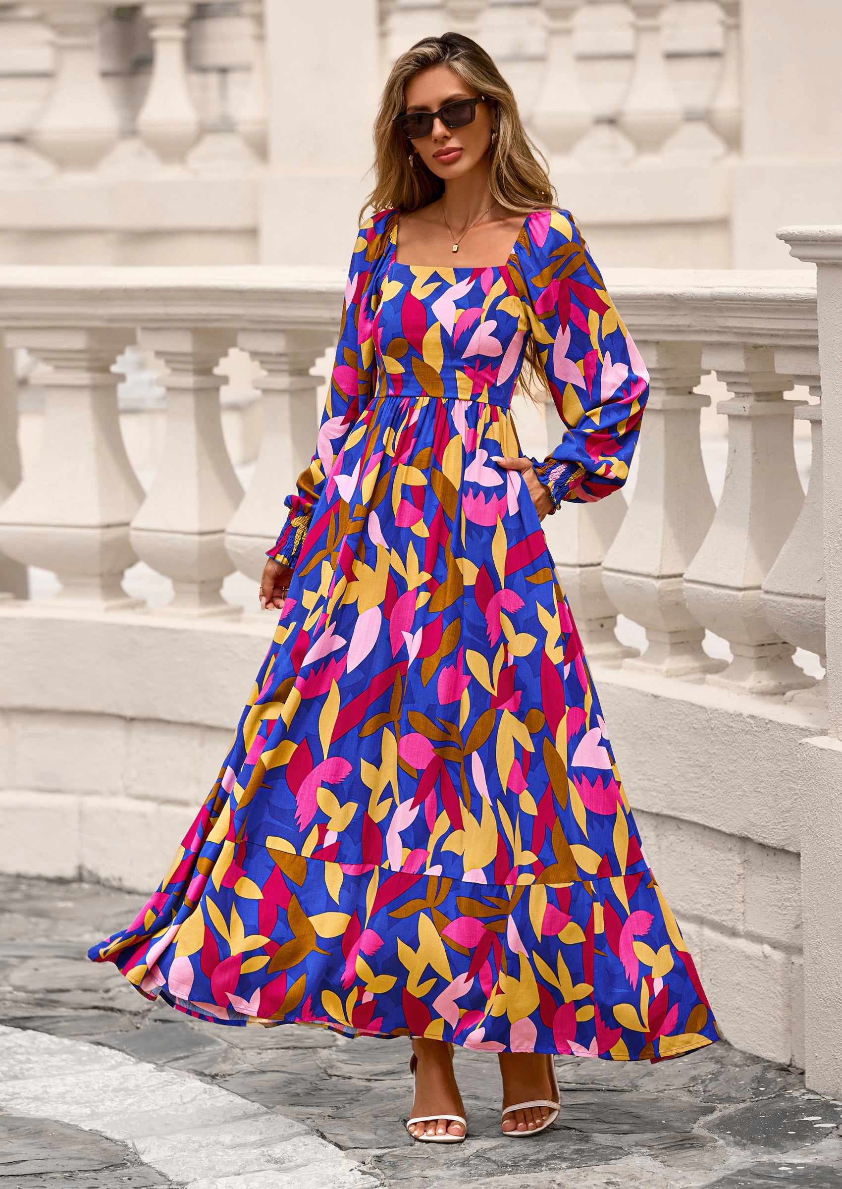 PRETTYGARDEN Women Floral Maxi Dresses Spring Long Sleeve Square Neck Boho A Line Wedding Guest Casual Flowy Long Dress
