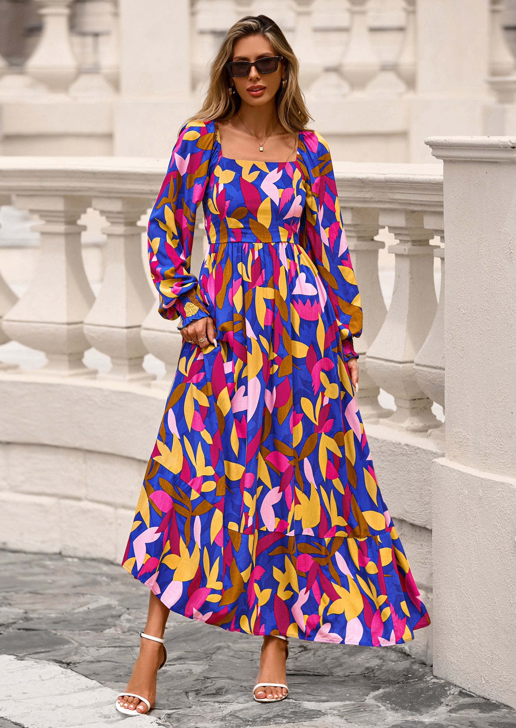 PRETTYGARDEN Women Floral Maxi Dresses Spring Long Sleeve Square Neck Boho A Line Wedding Guest Casual Flowy Long Dress