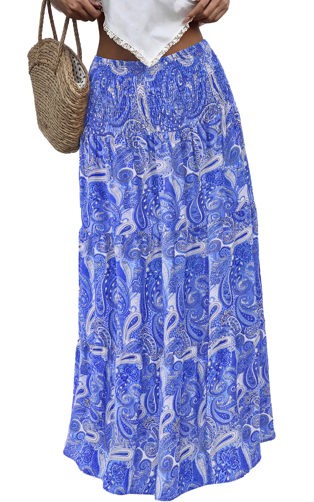 PRETTYGARDEN Floral Summer Boho Maxi Skirts for Women 2026 Smocked Elastic Waist Pleated Tiered Vacation Flowy Long Skirt PRETTYGARDEN