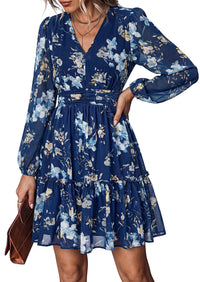 PRETTYGARDEN Women Floral Long Sleeve Mini Dress | Fall Wedding Guest Dresses, V Neck, Fit & Flare, Ruffle Hem A-Line, Short Chiffon Dress, Elegant Holiday Party, Date Outfits