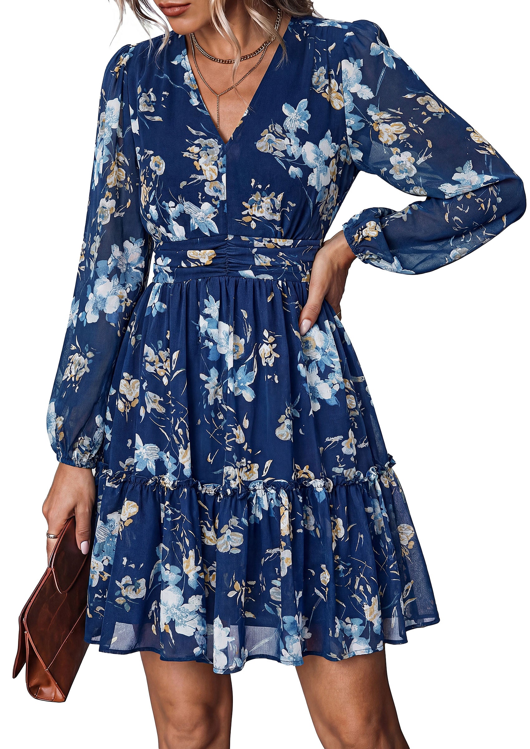 PRETTYGARDEN Women Floral Long Sleeve Mini Dress | Fall Wedding Guest Dresses, V Neck, Fit & Flare, Ruffle Hem A-Line, Short Chiffon Dress, Elegant Holiday Party, Date Outfits