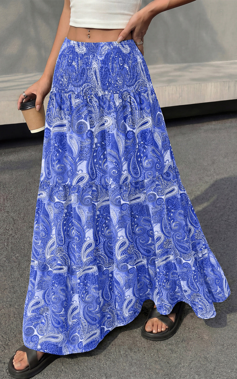 PRETTYGARDEN Floral Summer Boho Maxi Skirts for Women 2026 Smocked Elastic Waist Pleated Tiered Vacation Flowy Long Skirt PRETTYGARDEN