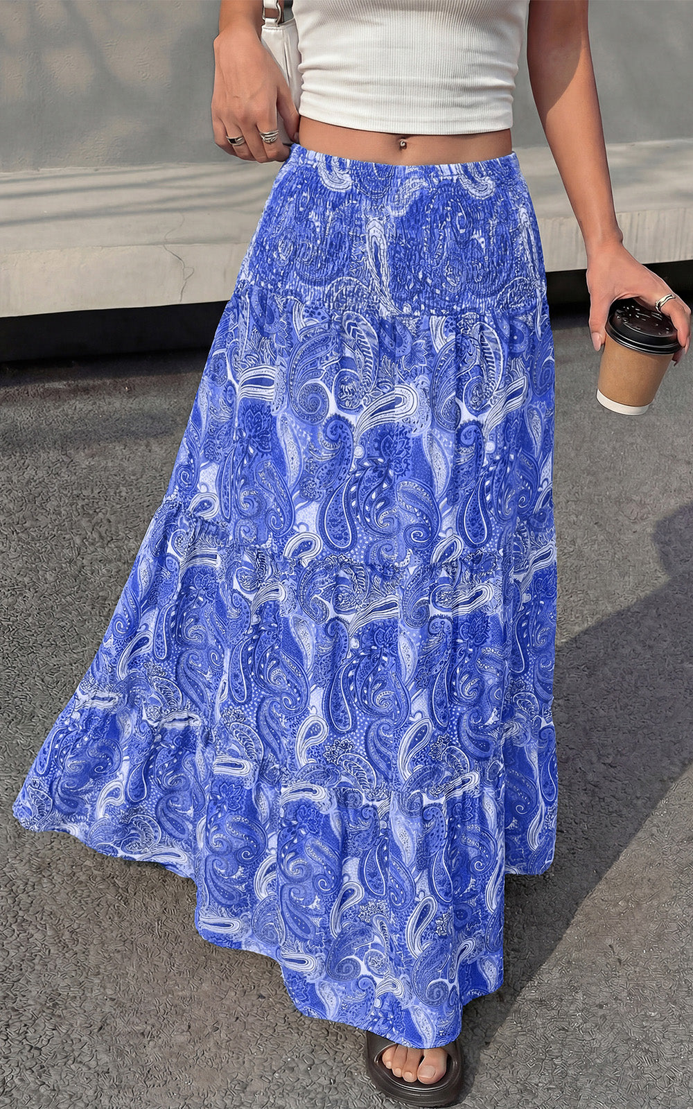 PRETTYGARDEN Floral Summer Boho Maxi Skirts for Women 2026 Smocked Elastic Waist Pleated Tiered Vacation Flowy Long Skirt PRETTYGARDEN