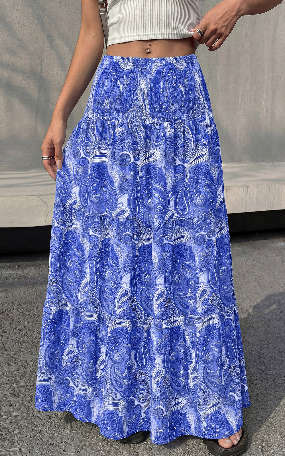 PRETTYGARDEN Floral Summer Boho Maxi Skirts for Women 2026 Smocked Elastic Waist Pleated Tiered Vacation Flowy Long Skirt PRETTYGARDEN