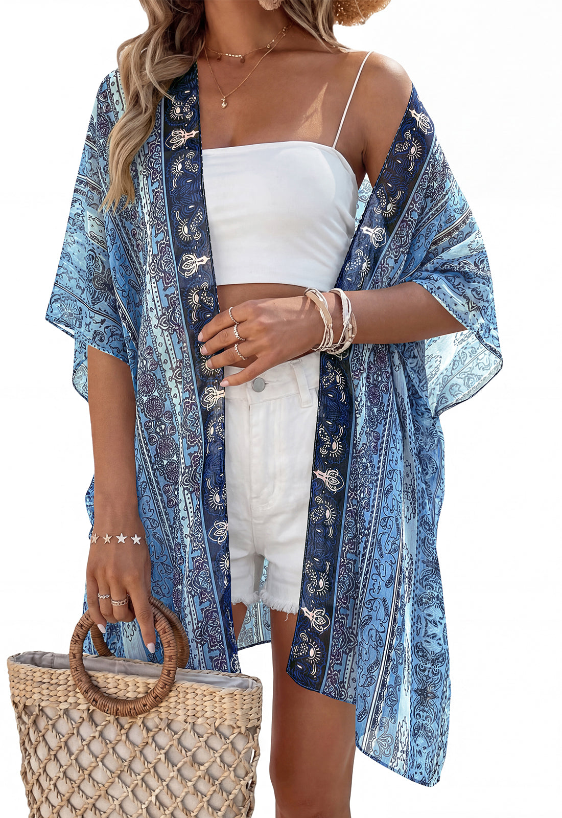 PRETTYGARDEN Summer Kimonos for Women Boho Floral Short Sleeve Kimono Cardigans Swimsuit Beach Cover Ups for Women Swimwear PRETTYGARDEN