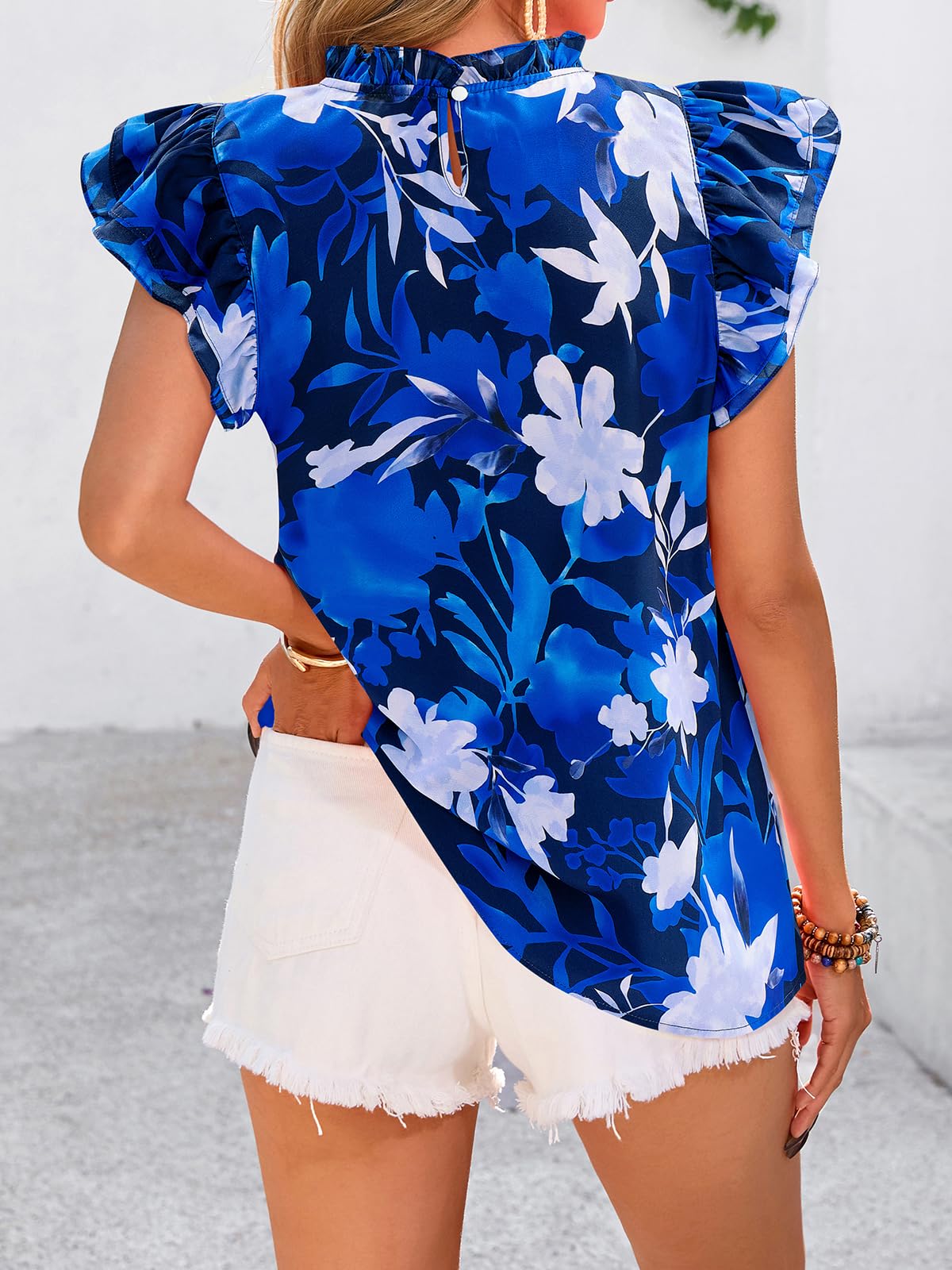 PRETTYGARDEN Women's Ruffle Short Sleeve Summer Tops Trendy Floral Trim Neck Casual Dressy Chiffon Boho Blouses Shirts PRETTYGARDEN