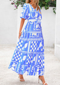 PRETTYGARDEN Women's Maxi Dress Resort Wear Boho Floral V Neck Puff Short Sleeve Ruffle Flowy Beach Long Dresses