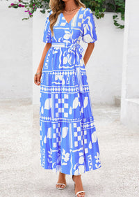 PRETTYGARDEN Women's Maxi Dress Resort Wear Boho Floral V Neck Puff Short Sleeve Ruffle Flowy Beach Long Dresses