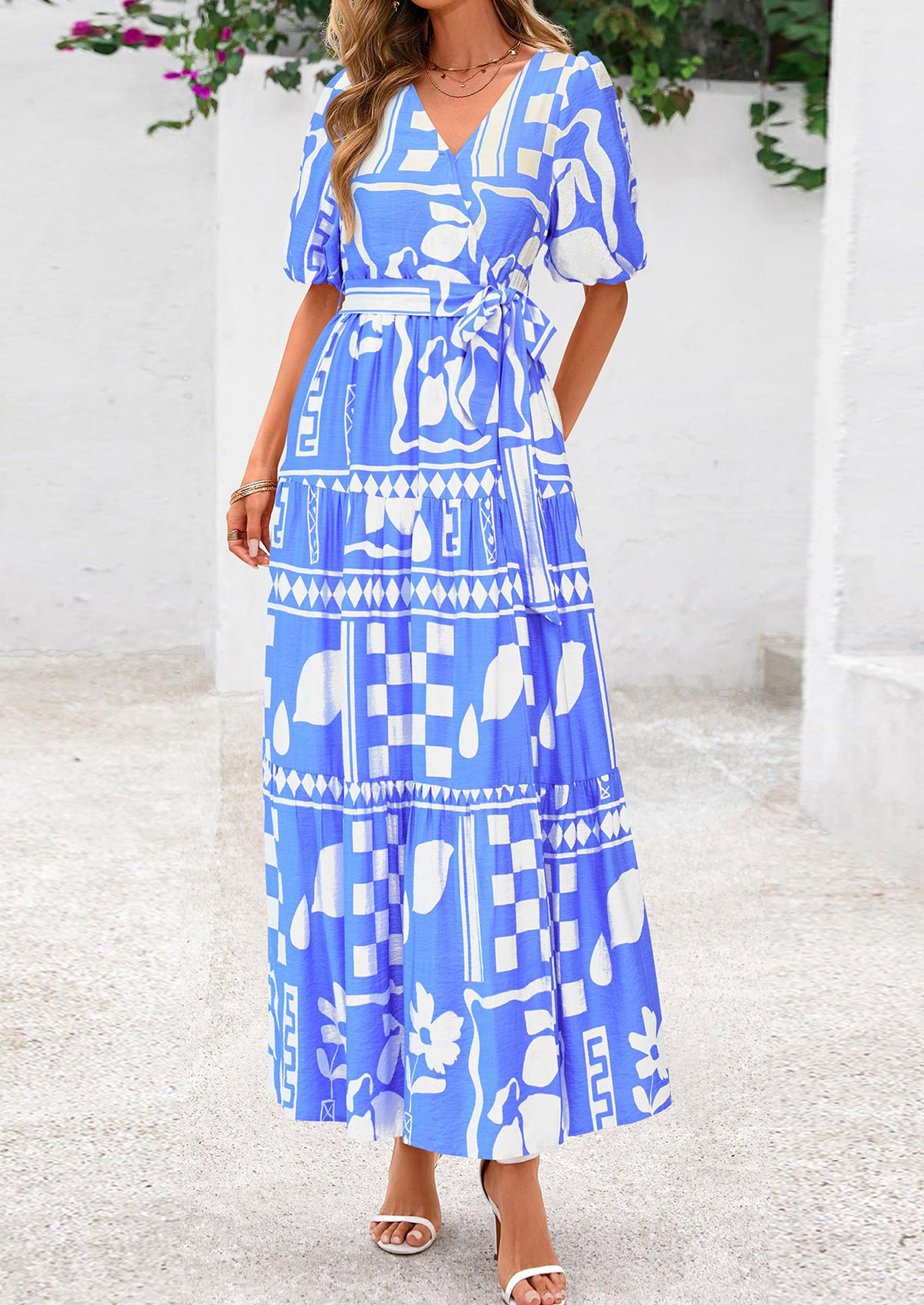 PRETTYGARDEN Women's Maxi Dress Resort Wear Boho Floral V Neck Puff Short Sleeve Ruffle Flowy Beach Long Dresses