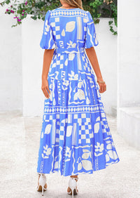 PRETTYGARDEN Women's Maxi Dress Resort Wear Boho Floral V Neck Puff Short Sleeve Ruffle Flowy Beach Long Dresses