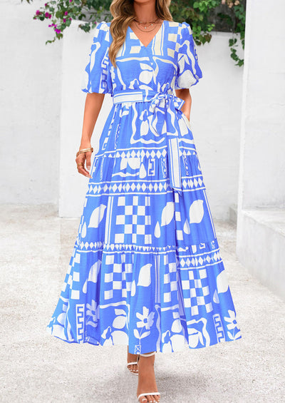 PRETTYGARDEN Women's Maxi Dress Resort Wear Boho Floral V Neck Puff Short Sleeve Ruffle Flowy Beach Long Dresses