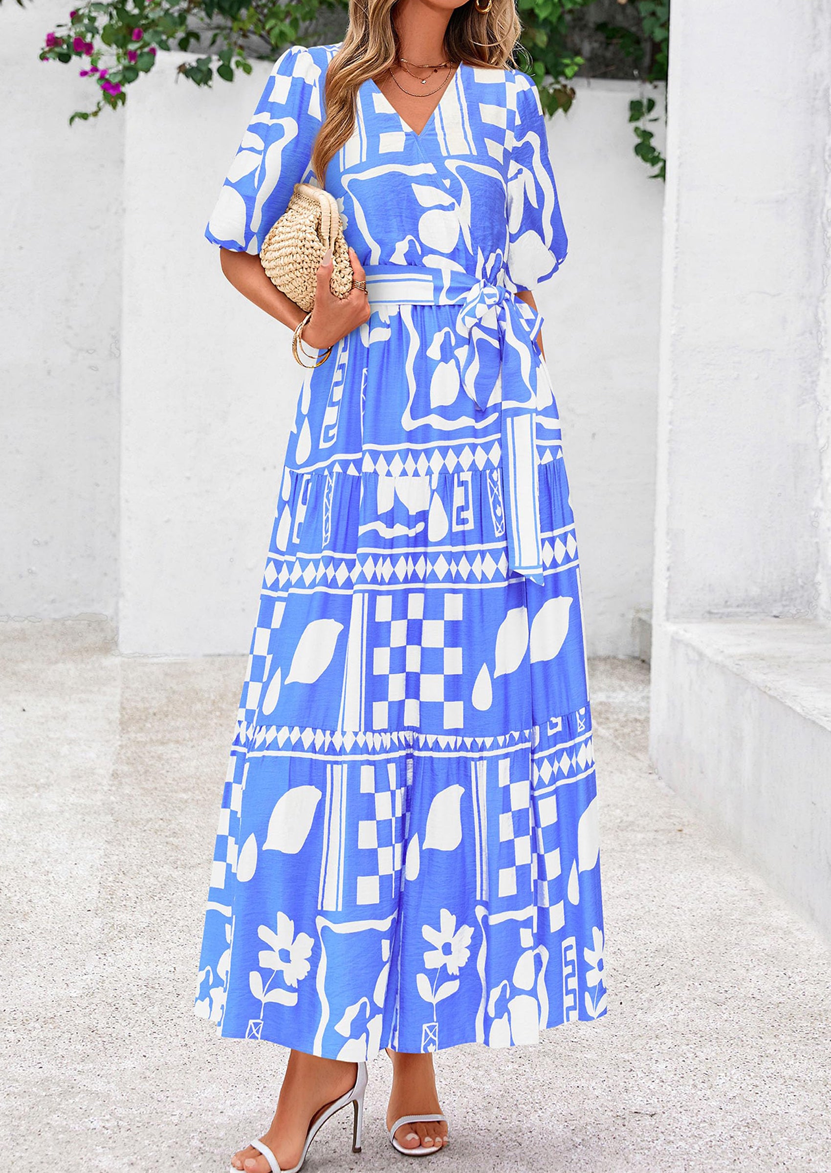 PRETTYGARDEN Women's Maxi Dress Resort Wear Boho Floral V Neck Puff Short Sleeve Ruffle Flowy Beach Long Dresses