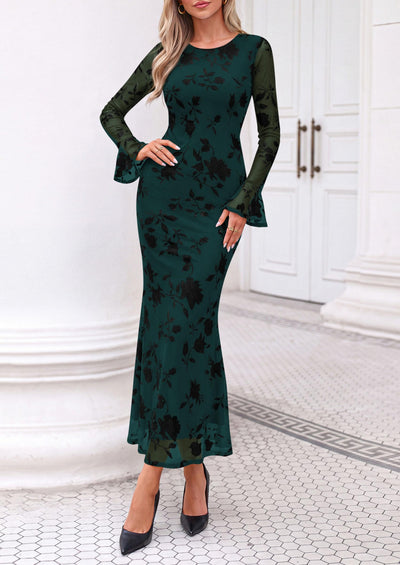 PRETTYGARDEN Women's Long Sleeve Maxi Floral Mesh Fall Wedding Guest Dress