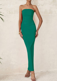 Women's Summer Semi Formal Cocktail Dresses Strapless Tube Bodycon Ruched Slit Evening Wedding Guest Maxi Dress