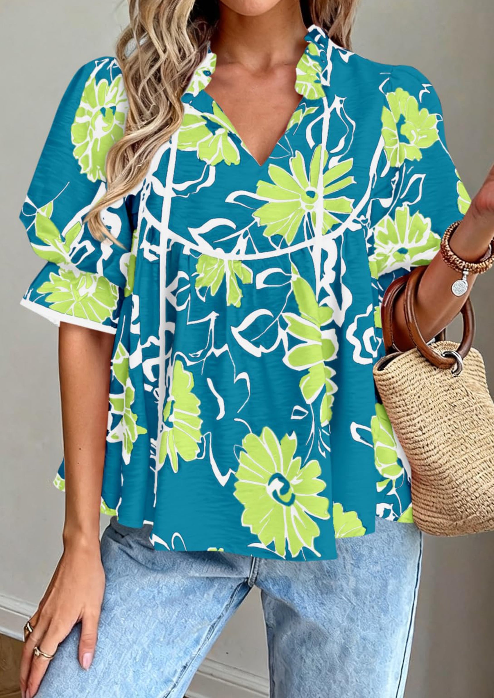 PRETTYGARDEN Womens Summer Tops Cute Puff Sleeve Ruffle V Neck Babydoll T-Shirts Boho Floral Spring Peplum Shirts PRETTYGARDEN