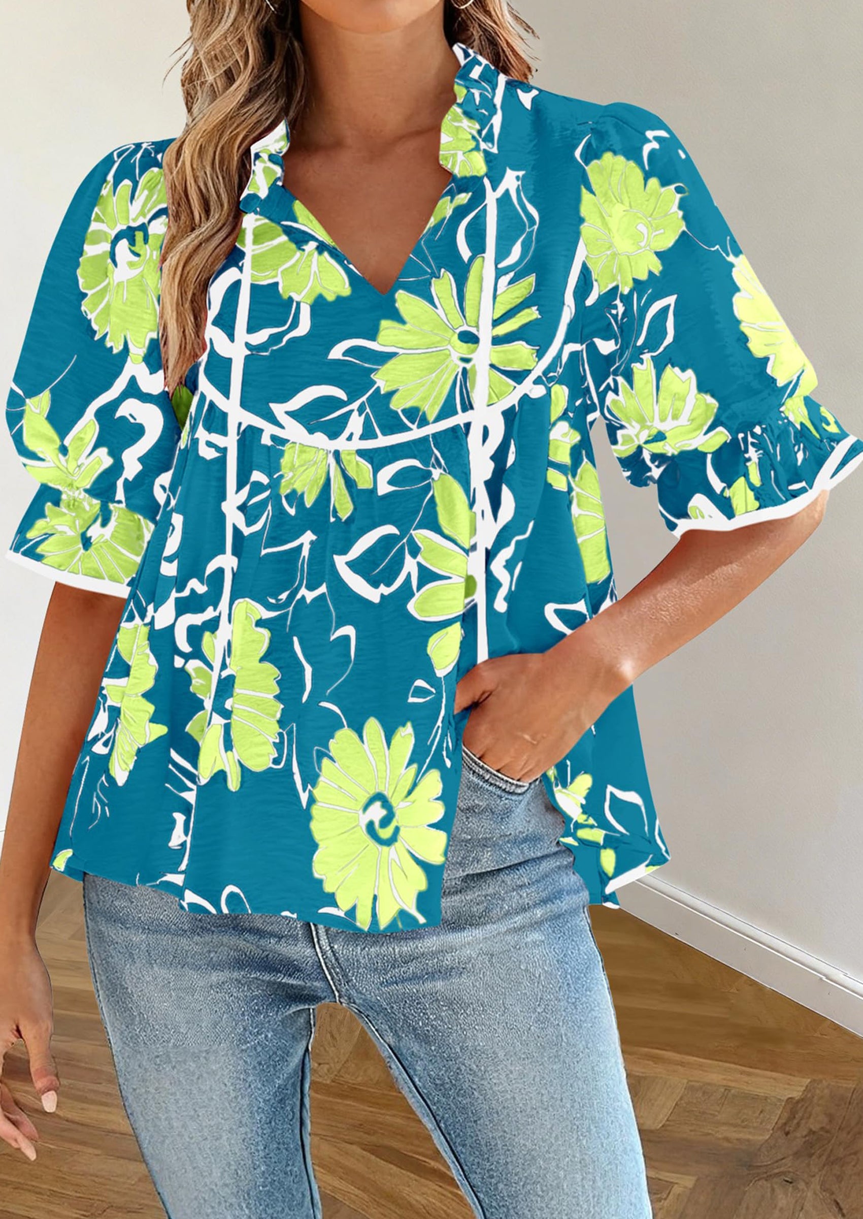 PRETTYGARDEN Womens Summer Tops Cute Puff Sleeve Ruffle V Neck Babydoll T-Shirts Boho Floral Spring Peplum Shirts PRETTYGARDEN