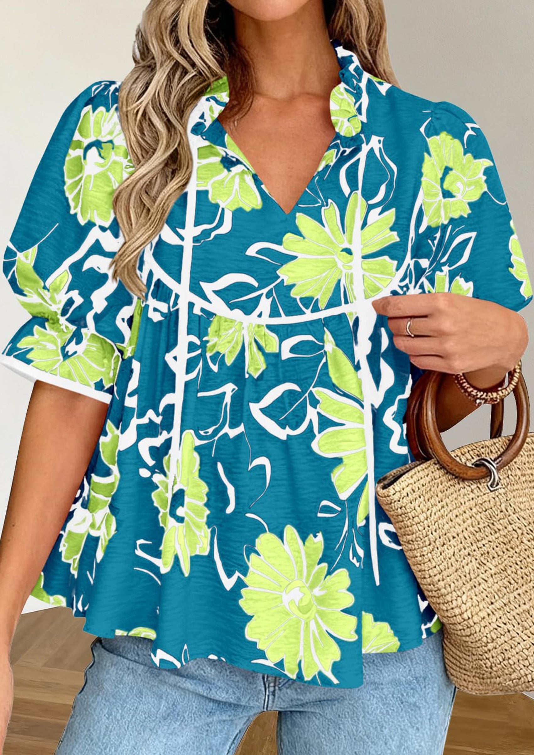 PRETTYGARDEN Womens Summer Tops Cute Puff Sleeve Ruffle V Neck Babydoll T-Shirts Boho Floral Spring Peplum Shirts PRETTYGARDEN