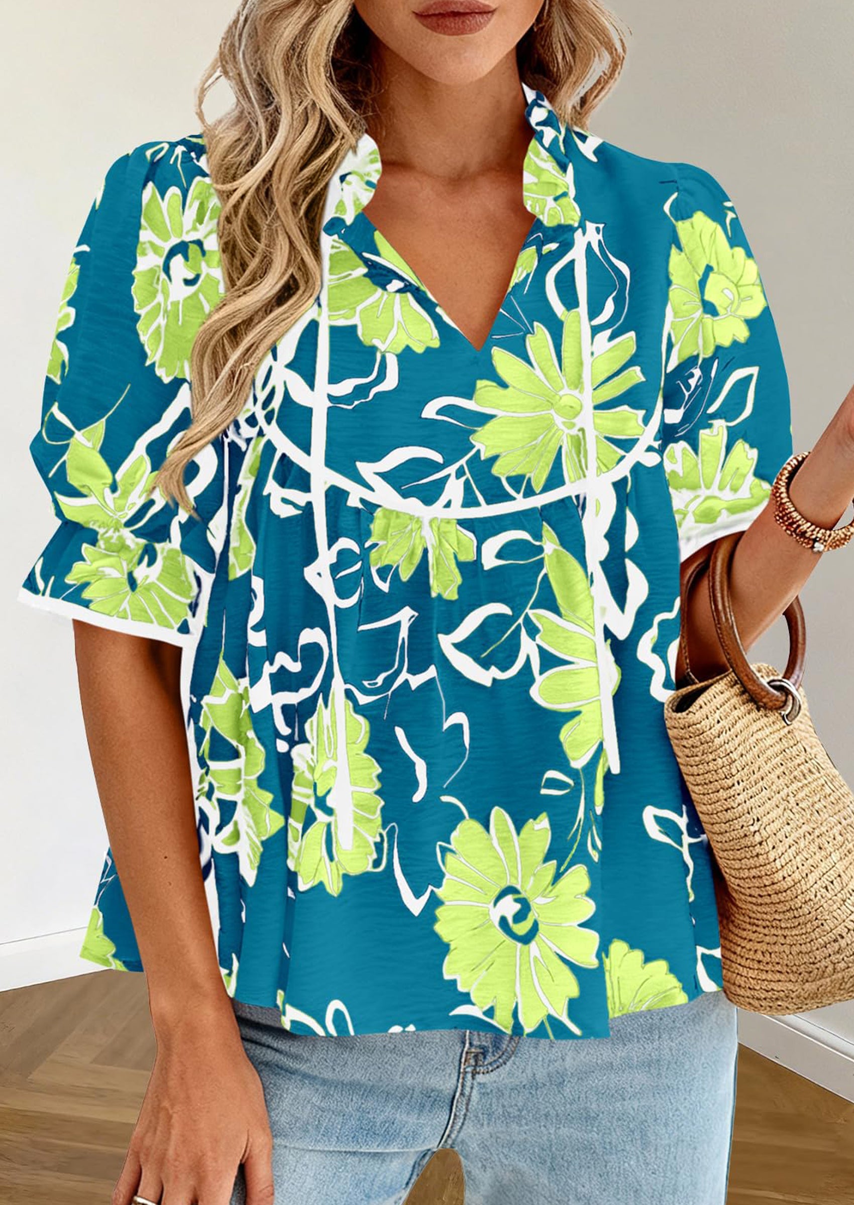 PRETTYGARDEN Womens Summer Tops Cute Puff Sleeve Ruffle V Neck Babydoll T-Shirts Boho Floral Spring Peplum Shirts PRETTYGARDEN