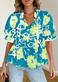 PRETTYGARDEN Womens Summer Tops Cute Puff Sleeve Ruffle V Neck Babydoll T-Shirts Boho Floral Spring Peplum Shirts PRETTYGARDEN